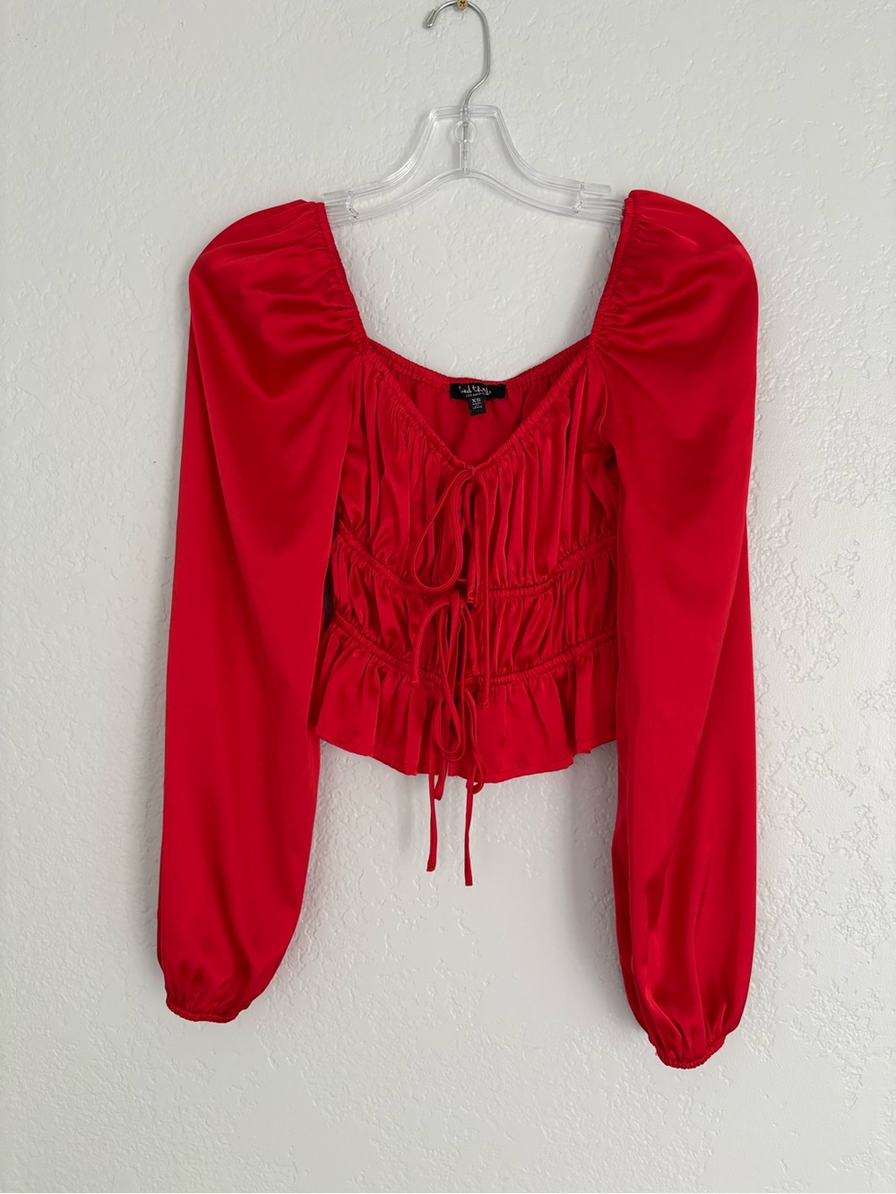 Vibrant Red Ruched Peasant Blouse